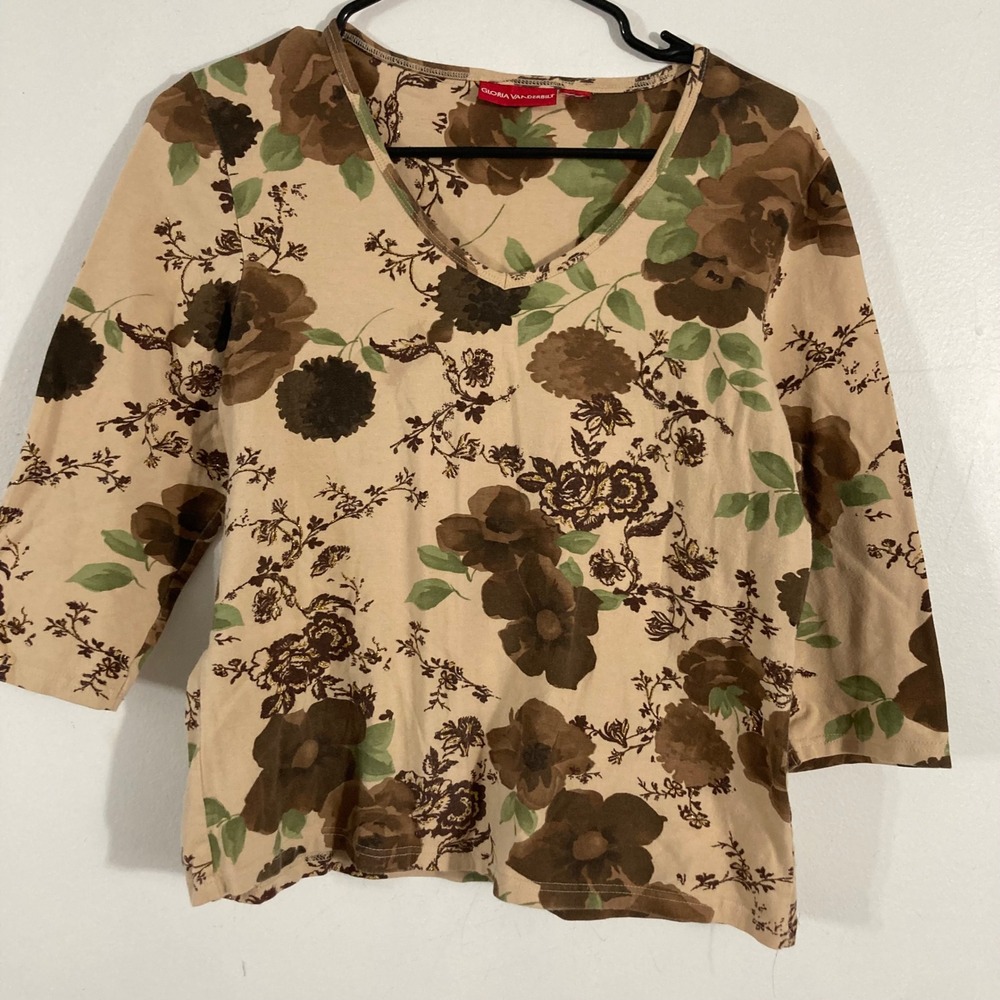 Gloria Vanderbilt Floral Top Womens M Tan Brown 3/4 Sleeve V-Neck